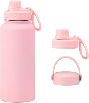 Pink 32 OZ Insulated Water Bottle, Large Metal Insulated Stainless Steel Water Flask, Big Sports Travel Water Bottle with 2 Lids, Insulated Thermal Mug Cup