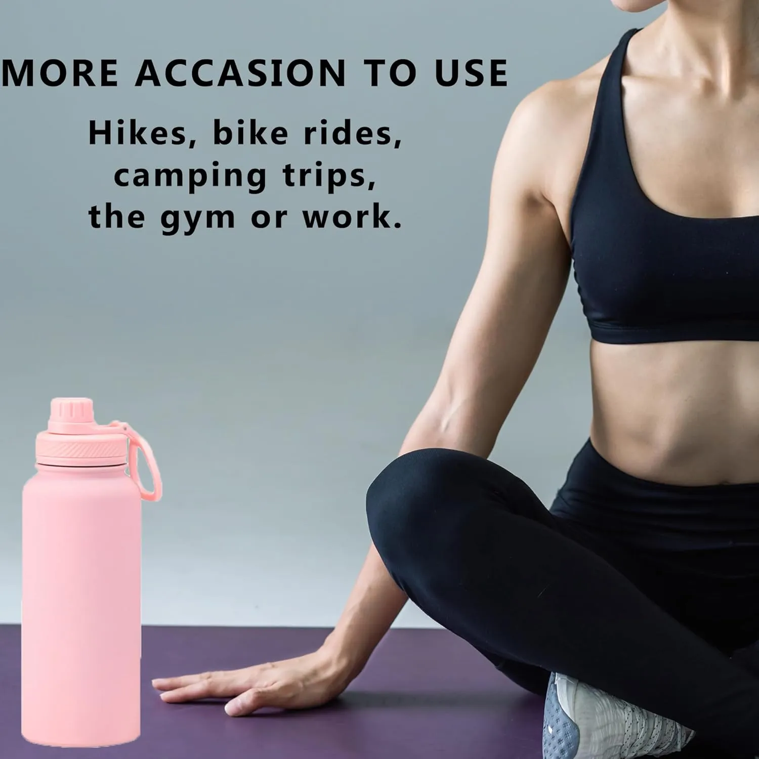 Pink 32 OZ Insulated Water Bottle, Large Metal Insulated Stainless Steel Water Flask, Big Sports Travel Water Bottle with 2 Lids, Insulated Thermal Mug Cup