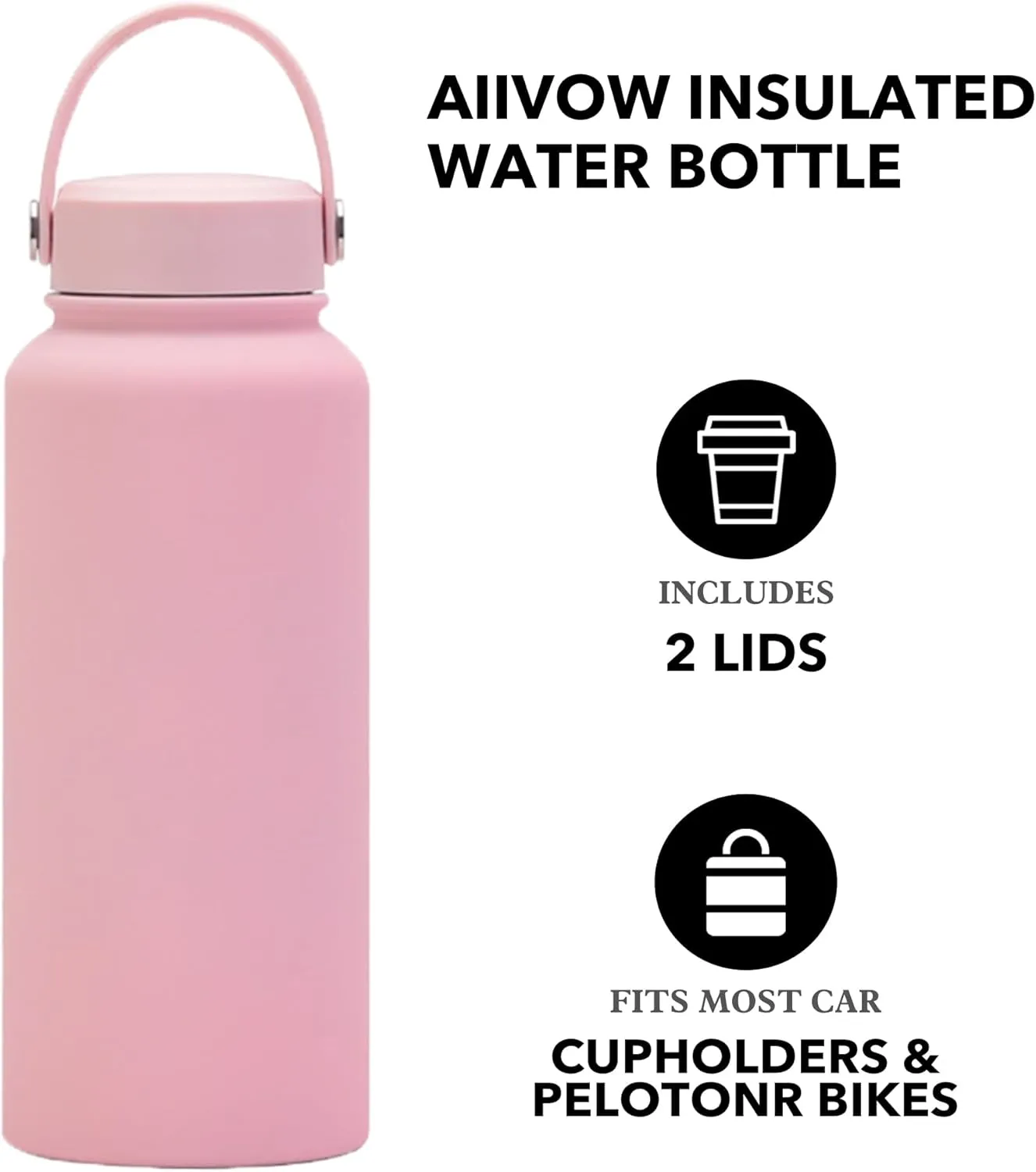 Pink 32 OZ Insulated Water Bottle, Large Metal Insulated Stainless Steel Water Flask, Big Sports Travel Water Bottle with 2 Lids, Insulated Thermal Mug Cup