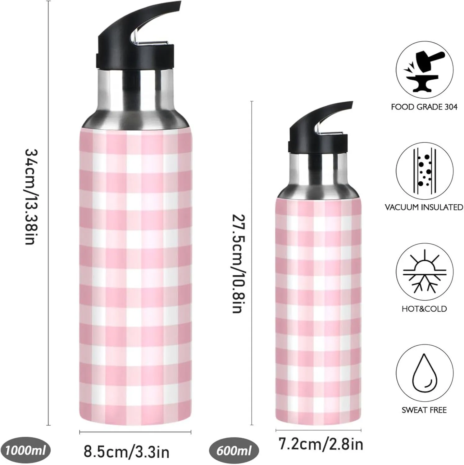 Pink Plaid Pattern 20 oz Water Bottle - Leak Proof, BPA Free, Stainless Steel, Vacuum Insulated for Sports and Office Use, Reusable Water Bottle