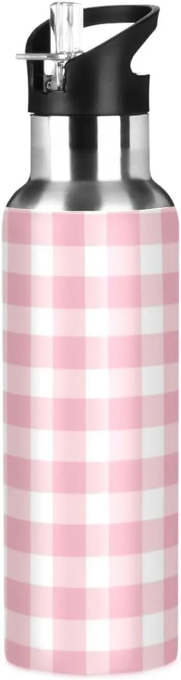 Pink Plaid Pattern 20 oz Water Bottle - Leak Proof, BPA Free, Stainless Steel, Vacuum Insulated for Sports and Office Use, Reusable Water Bottle