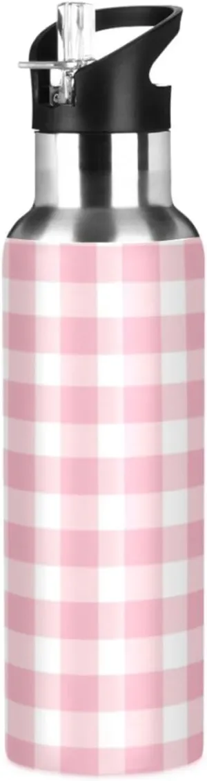 Pink Plaid Pattern 20 oz Water Bottle - Leak Proof, BPA Free, Stainless Steel, Vacuum Insulated for Sports and Office Use, Reusable Water Bottle
