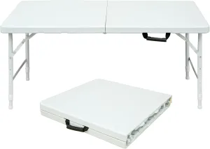 Plastic Folding Table for Camping, 4FT Plastic Outdoor Picnic Table w/Handle, Adjustable Height Dining Table w/Leg Lock for Picnic Barbecues, Party, Camping, Patio, White