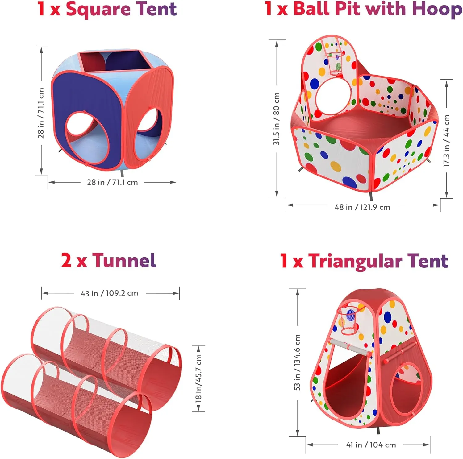 Playz 5-Piece Kids Play Tents Crawl Tunnels and Ball Pit Popup Bounce Playhouse Tent with Basketball Hoop for Indoor and Outdoor Use with Red Carrying Case