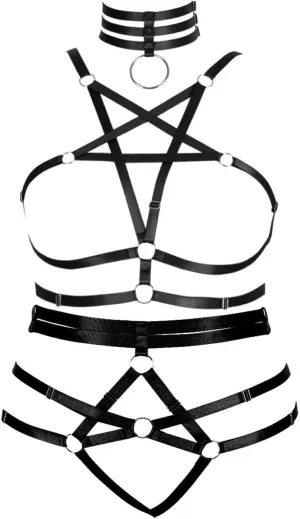 Plus Size Body Harness for Women Gothic Pentagram Full Cage Hollow Out 2 Piece Strappy Bra Garter Belts Set Punk Clothing