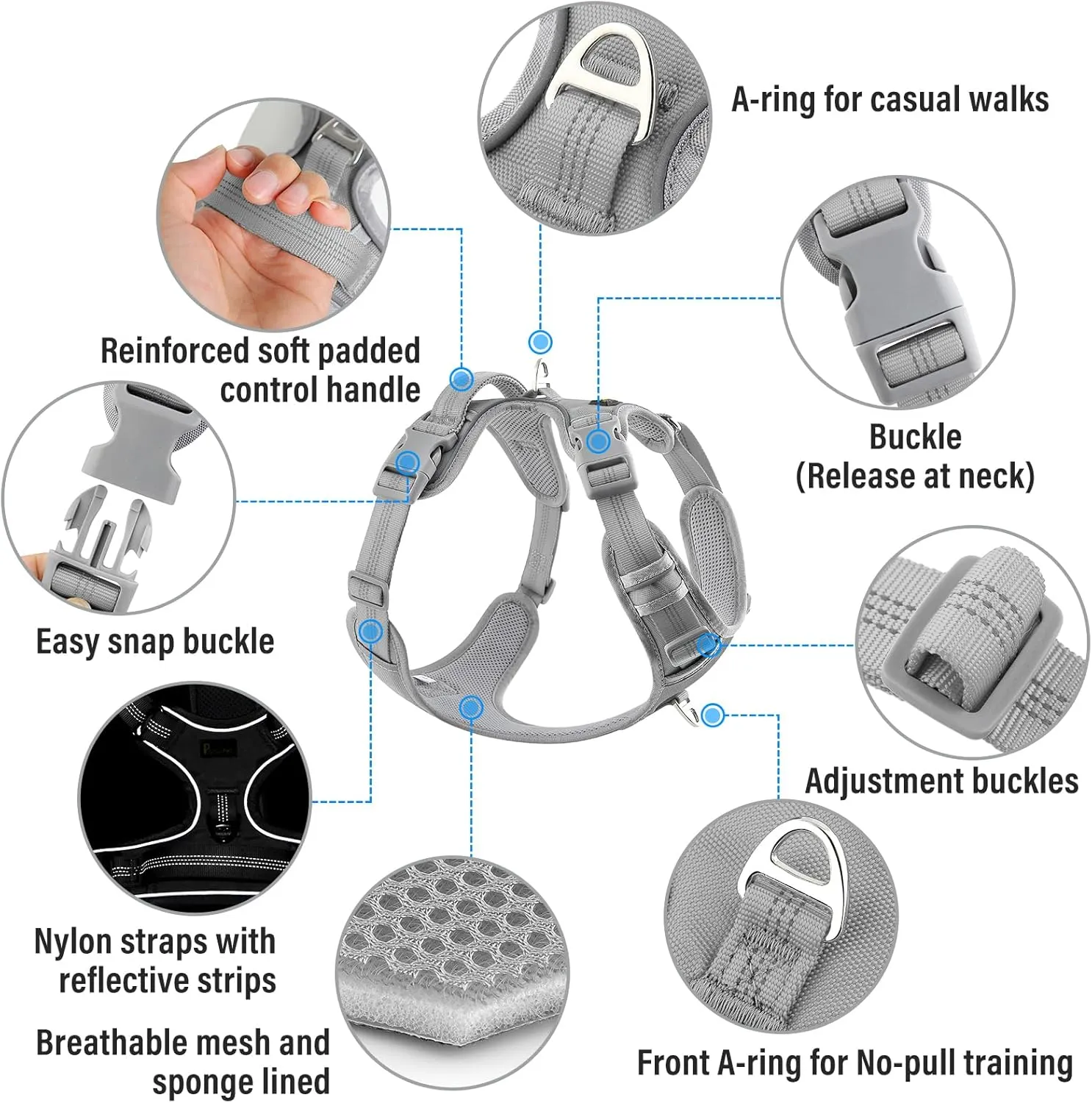 Plutus Pet No Pull Dog Harness, Release at Neck, Reflective Adjustable Dog Vest Harness, Easy Control Handle for Walking, for Small Medium Large Dogs, Gray, M