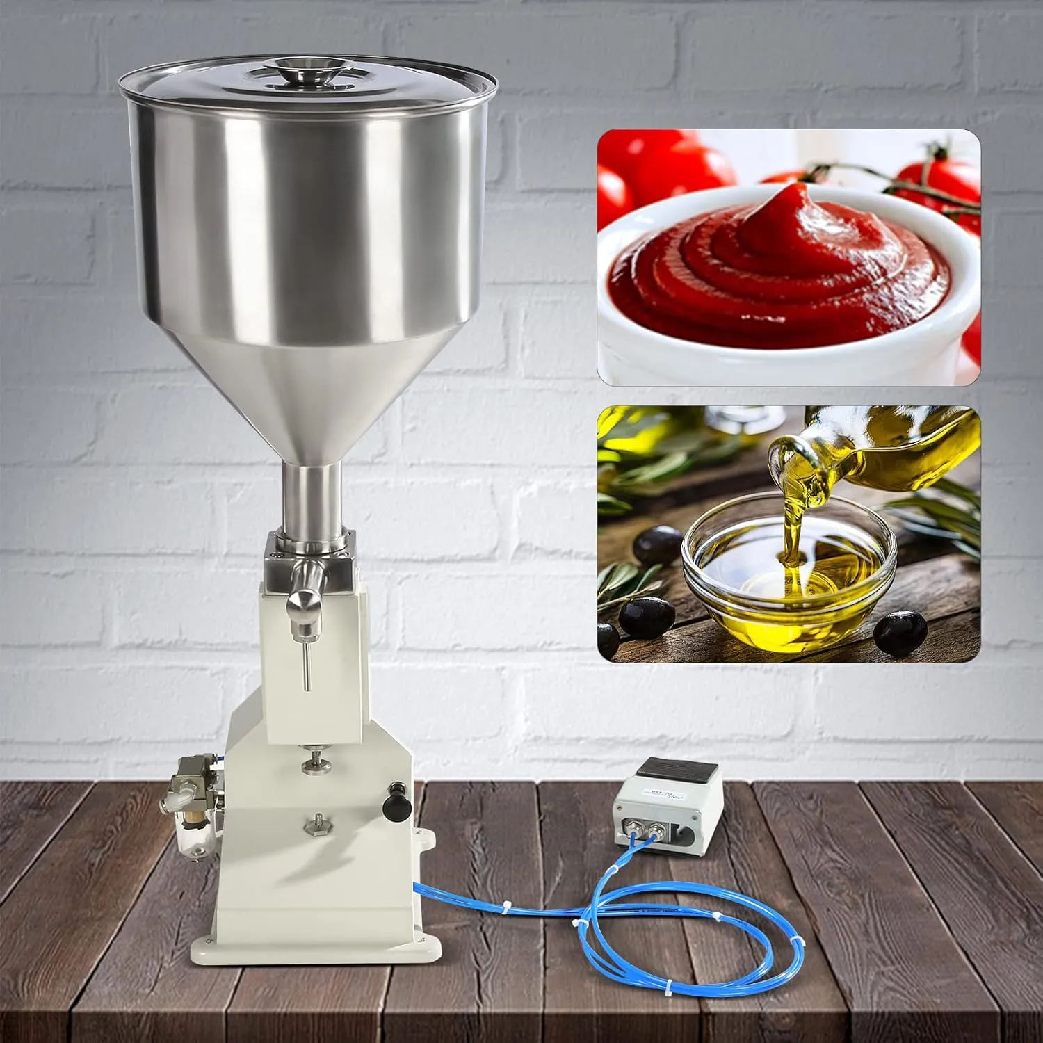 Pneumatic Liquid Filling Machine with Hopper 10-110ml Stainless Steel Manual Filling Machine Bottle Filler Cosmetic Oil Filling Machine for Milk Water Juice Essential Oil Wine
