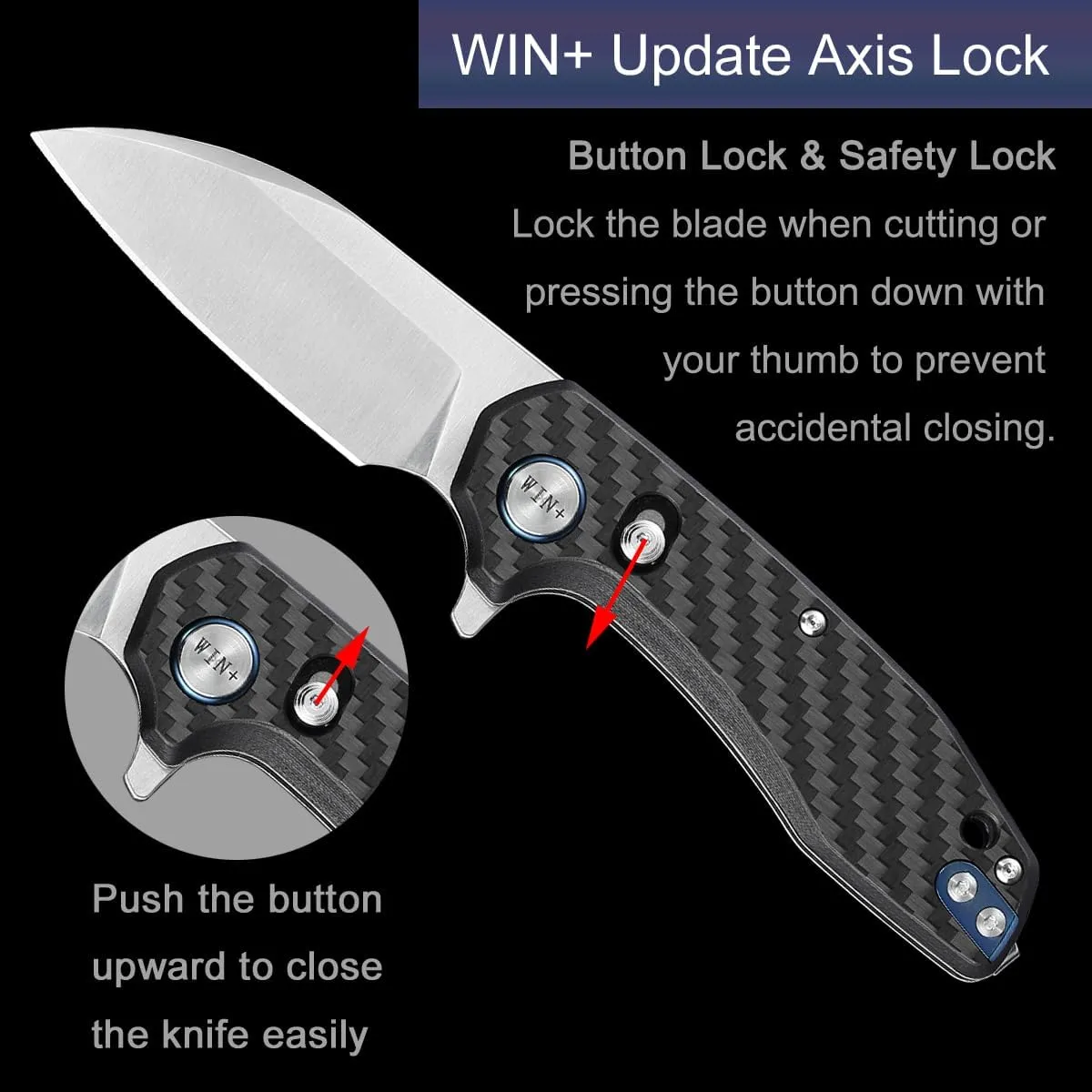 Pocket Knife with Button Lock, Folding Knife with Axis Lock and Ball Bearing, D2 EDC Knife with Carbon Fiber Handle, Survival Knives for Camping W3435 (C-Black-Carbon fiber)