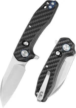 Pocket Knife with Button Lock, Folding Knife with Axis Lock and Ball Bearing, D2 EDC Knife with Carbon Fiber Handle, Survival Knives for Camping W3435 (C-Black-Carbon fiber)