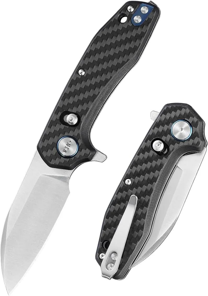 Pocket Knife with Button Lock, Folding Knife with Axis Lock and Ball Bearing, D2 EDC Knife with Carbon Fiber Handle, Survival Knives for Camping W3435 (C-Black-Carbon fiber)