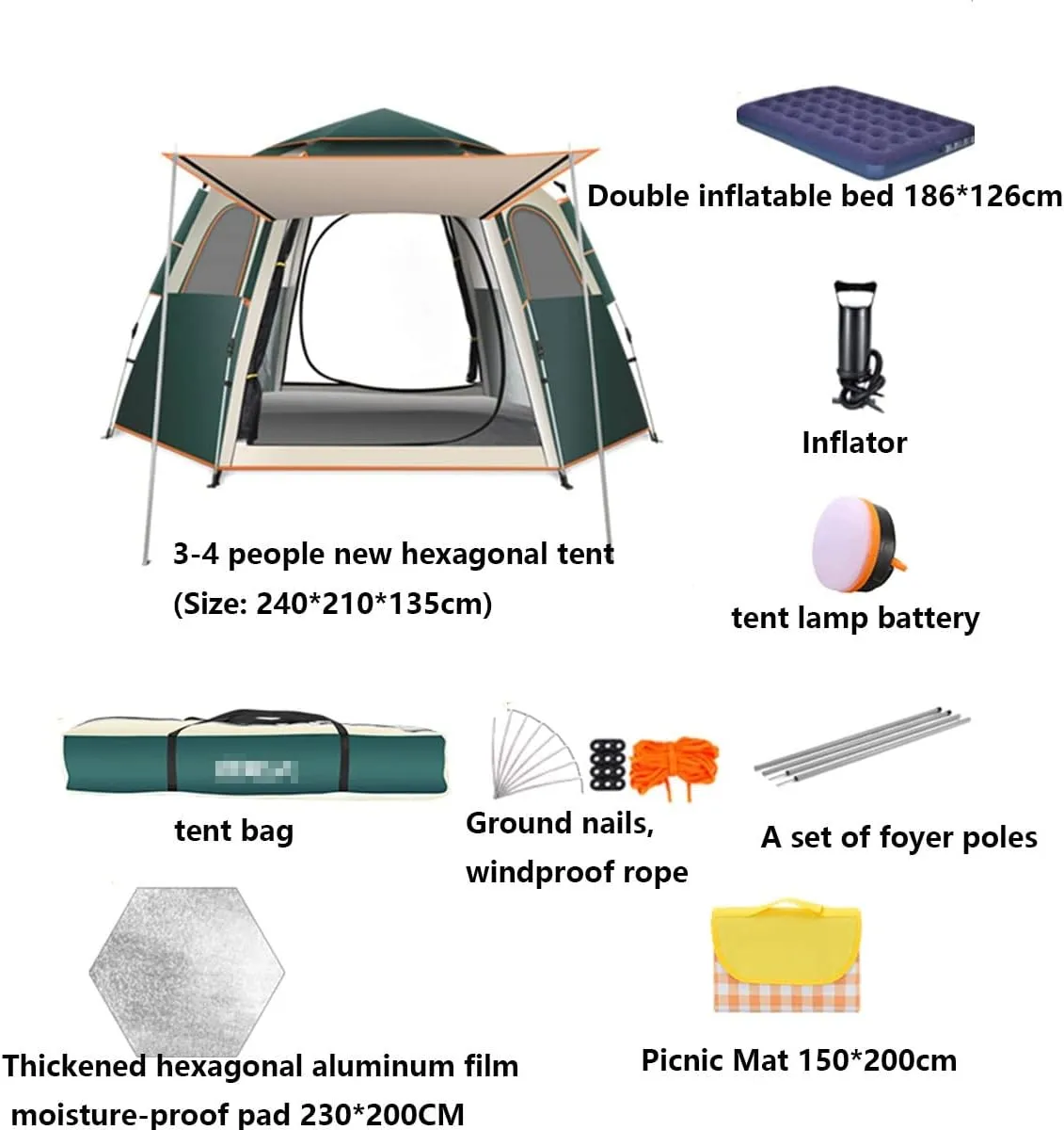 Pop-Up Camping Tent 3-4Person Tent Family Tents for Camping Water Resistance Lightweight Durable Durable Fiberglass Poles Includes Tent Stakes ( Color : Blue , Size : 34 people 240*210*135cm )