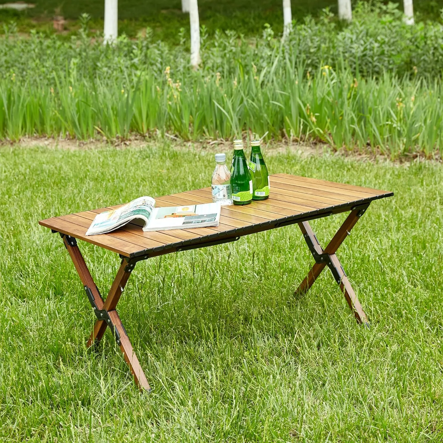 Portable 1-Piece Folding Outdoor Table, Foldable Camping Picnic Table - Lightweight Aluminum Roll-up Camping Picnic Table, Perfect for Camping, Picnics, and Outdoor Activities - Brown