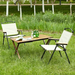 Portable 3-Piece Folding Outdoor Table and Chairs Set - Lightweight Aluminum Roll-up Camping Picnic Table with Two Chairs, Perfect for Camping, Picnics, and Outdoor Activities - Brown/Beige