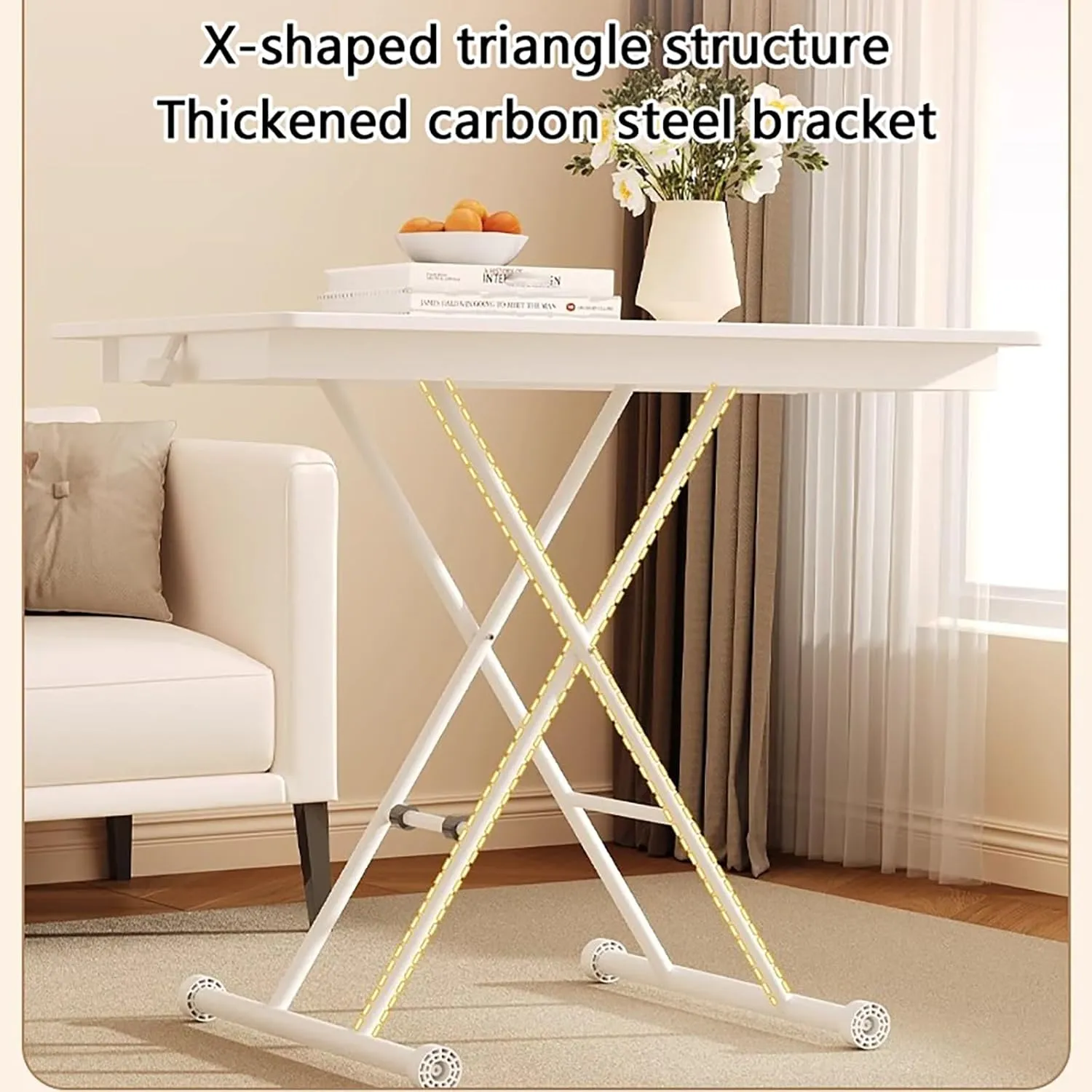 Portable Camping Side Table, Adjustable Height Folding Table, Lightweight Beach Tables, Steel Bracket Roll-up Tables for Outdoor, Picnic, BBQ, Cooking(White,100x60cm)