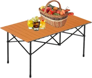 Portable Camping Side Table, Lightweight Aluminum Folding Table with Carry Bag, Ideal for Picnic, BBQ, Cooking, and Outdoor Activities Wood Color 95×55×50cm/37×21×19.7in