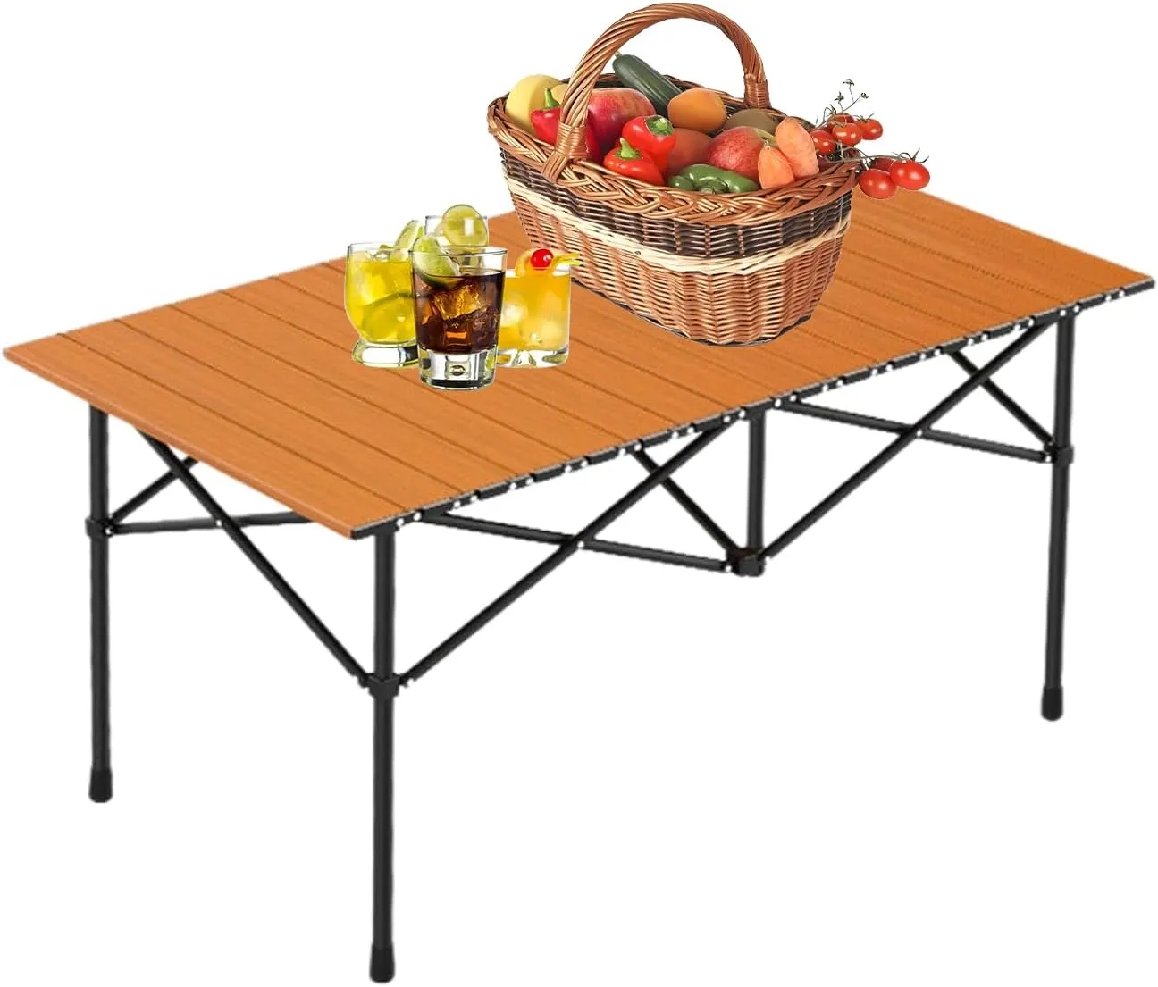 Portable Camping Side Table, Lightweight Aluminum Folding Table with Carry Bag, Ideal for Picnic, BBQ, Cooking, and Outdoor Activities Wood Color 95×55×50cm/37×21×19.7in
