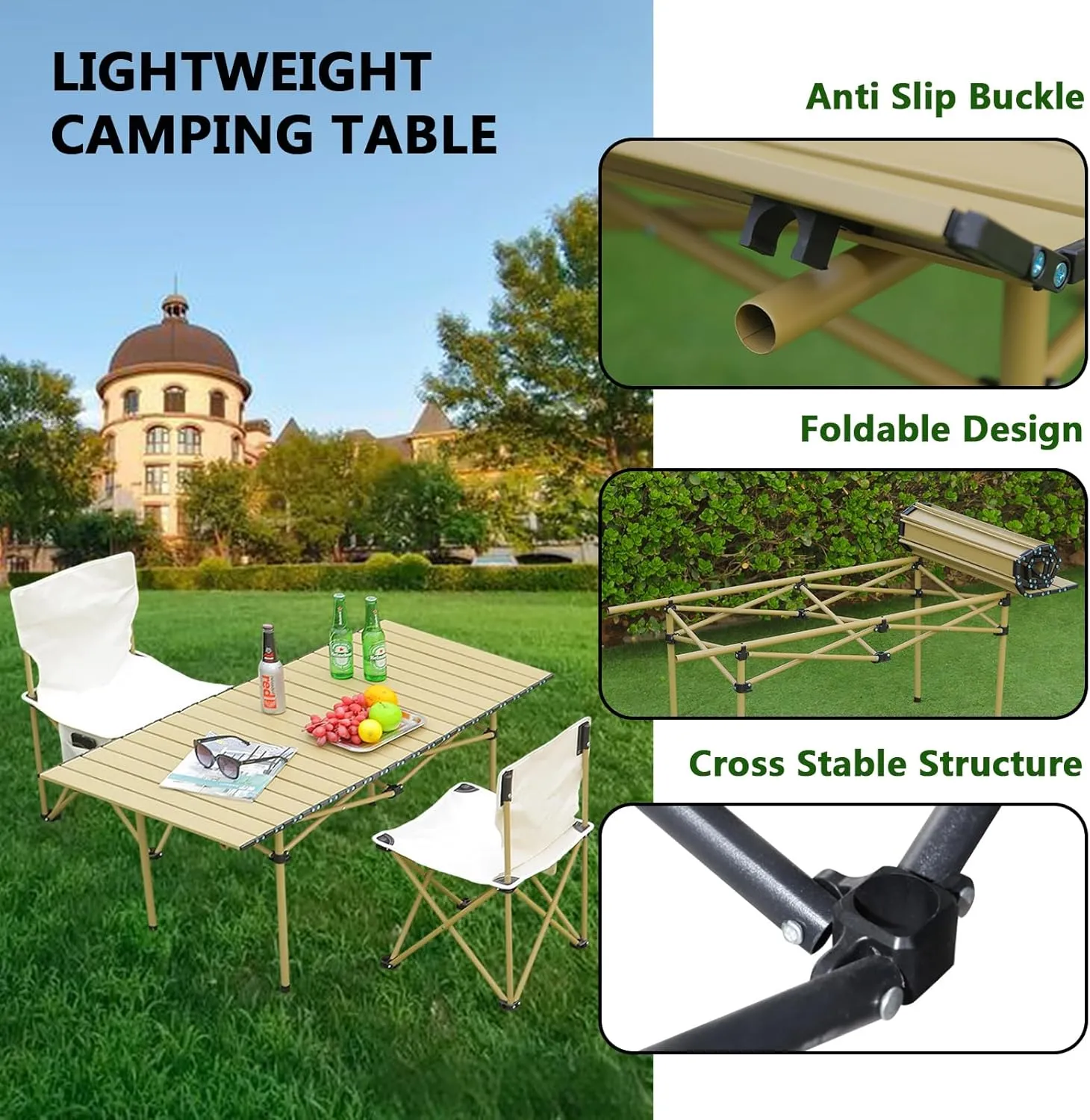 Portable Camping Side Table, Lightweight Aluminum Folding Table with Carry Bag, Ideal for Picnic, BBQ, Cooking, and Outdoor Activities Wood Color 95×55×50cm/37×21×19.7in