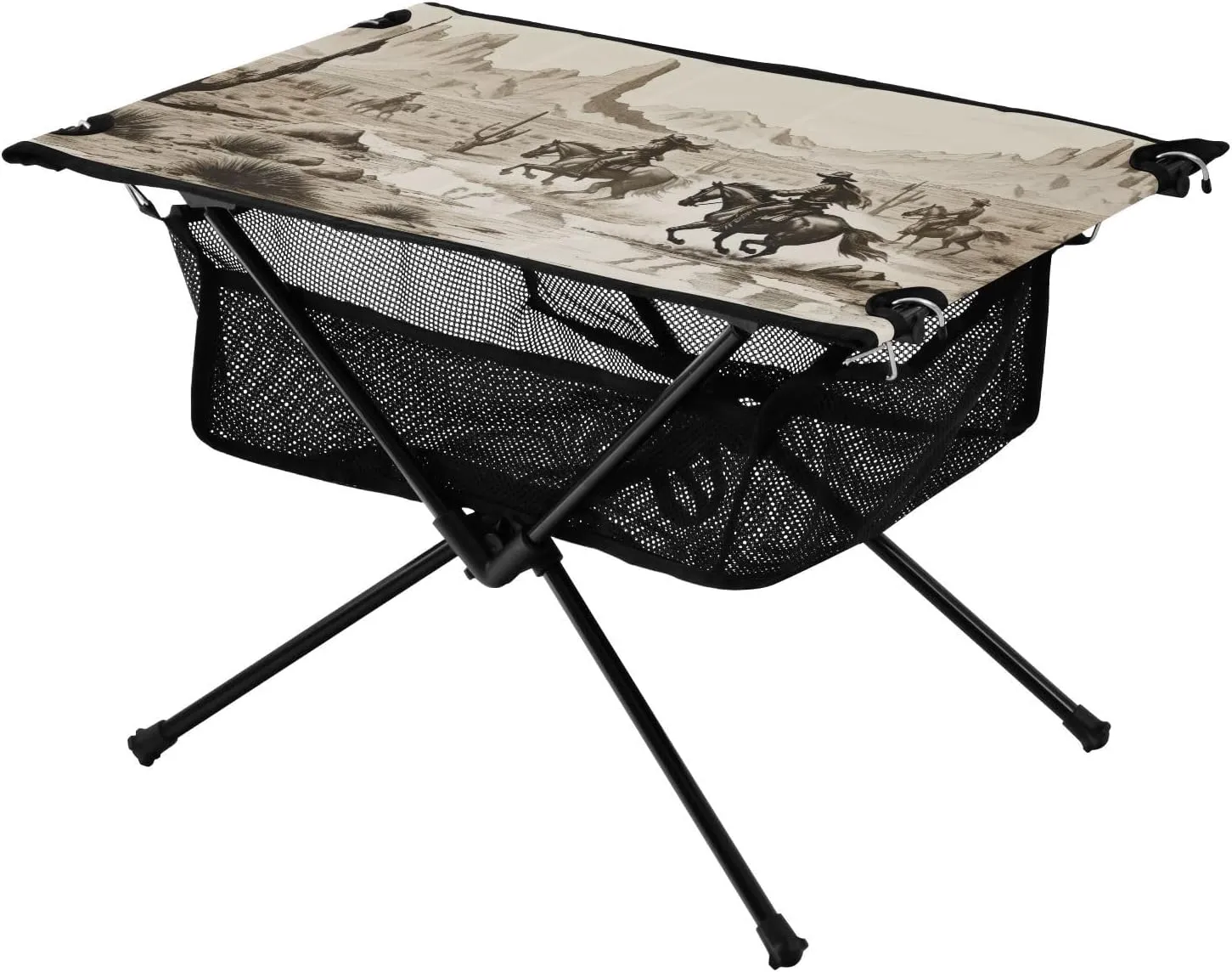 Portable Camping Table Foldable with Mesh Storage Lightweight Compact Camp Tent Side Table for Outside,Camping,Hiking,Tailgating,Western Desert Cowboy