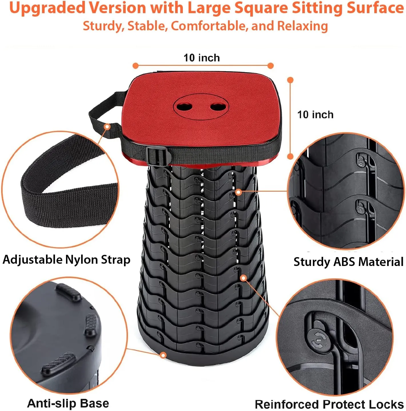 Portable Collapsible Stool Set - Heavy Duty Square Collapsible Stool   Thick Seat Cushion - 550lbs Load Capacity for Camping Travel Picnic Gardening (Red/Black)