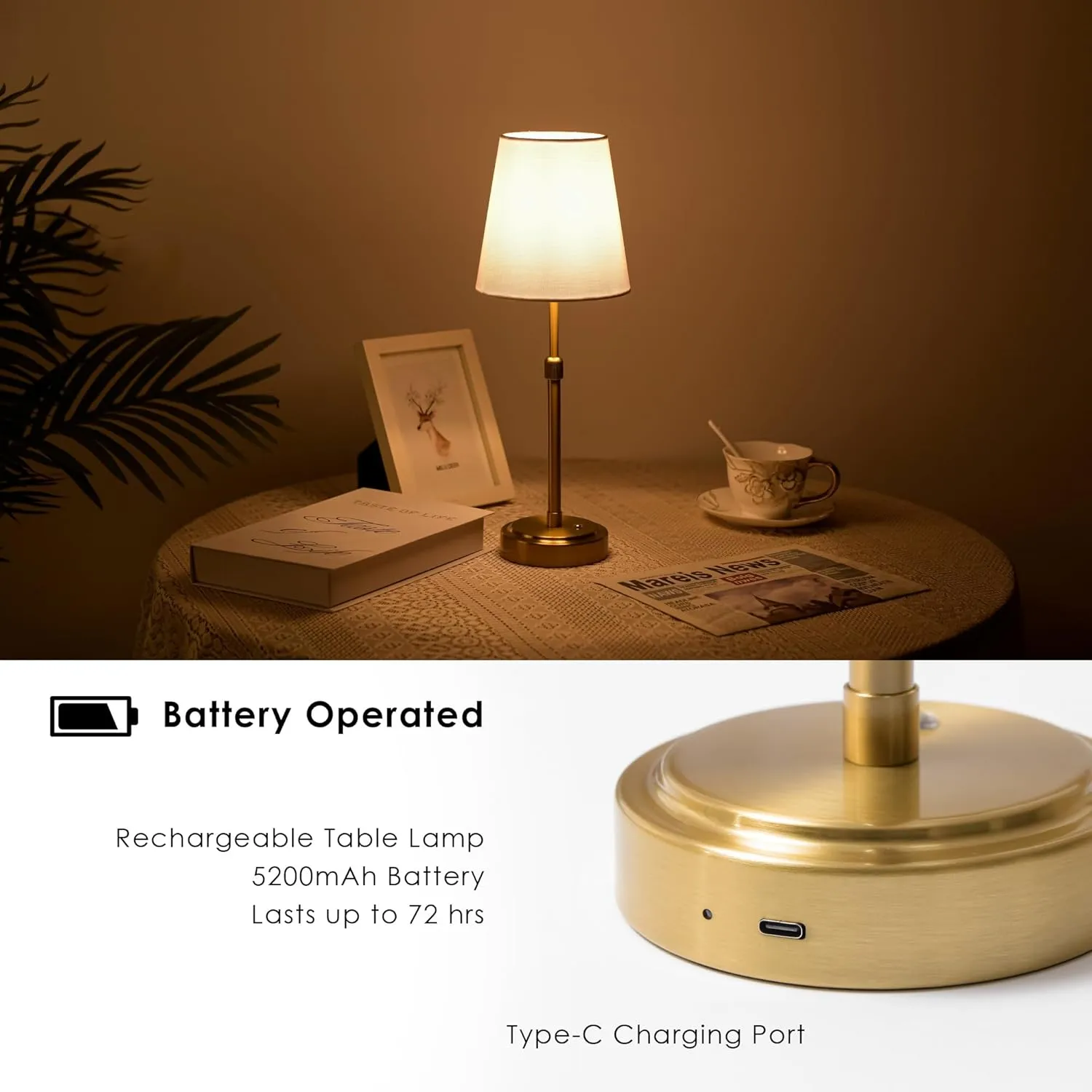 Portable Cordless LED Table Lamp, Height Adjustable Rechargeable Desk Lamp, 5200mAh Battery Operated 3-Level Brightness Dimmable Nightstand Light, Gold Wireless Lamp for Restaurant Bedside