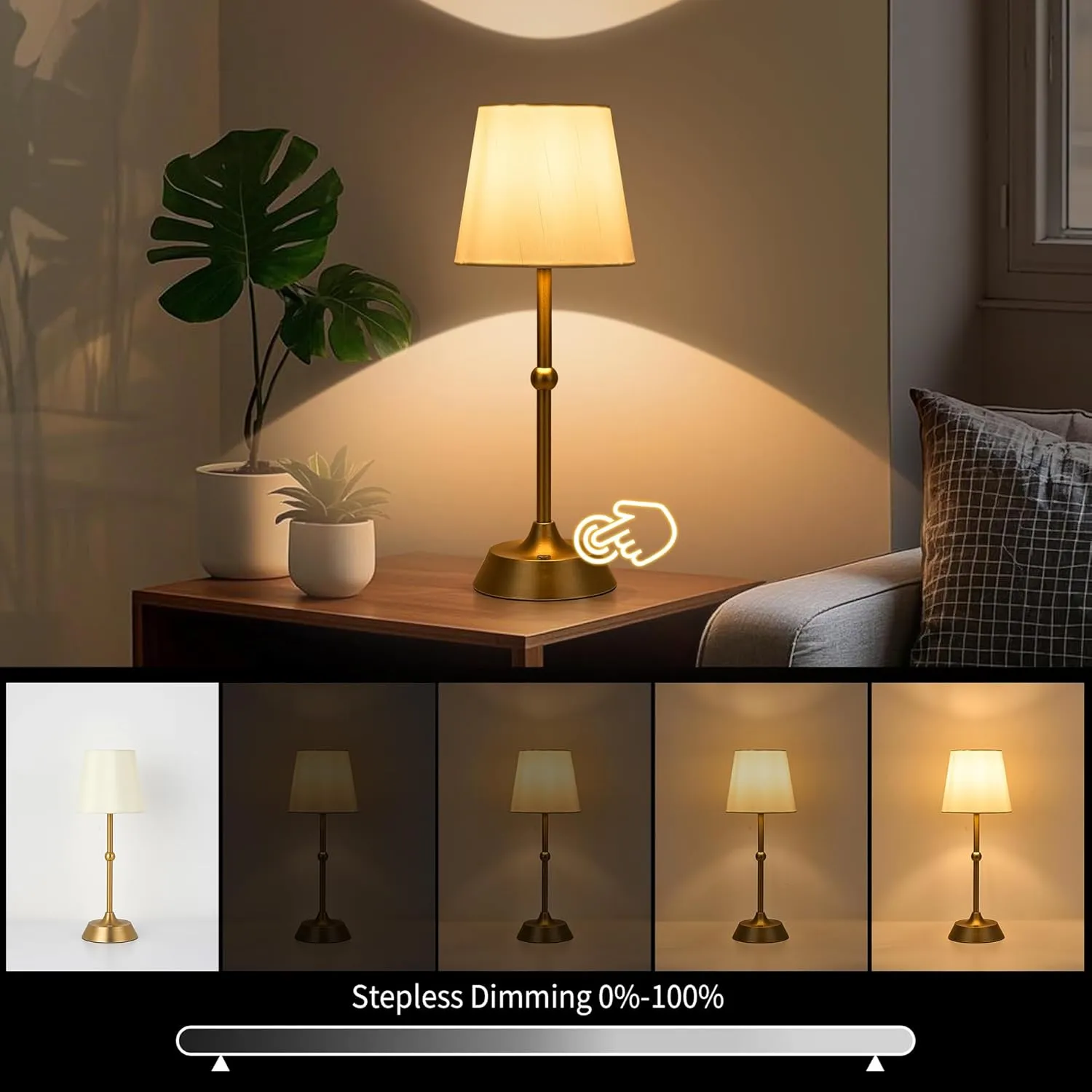 Portable Dimmable Desk Lamp LED Cordless Gold Table Lamp Battery Powered Touch Control Table Lamp for Dining RoomBedroom Bar Camping Balcony.(LED Bulb Included)