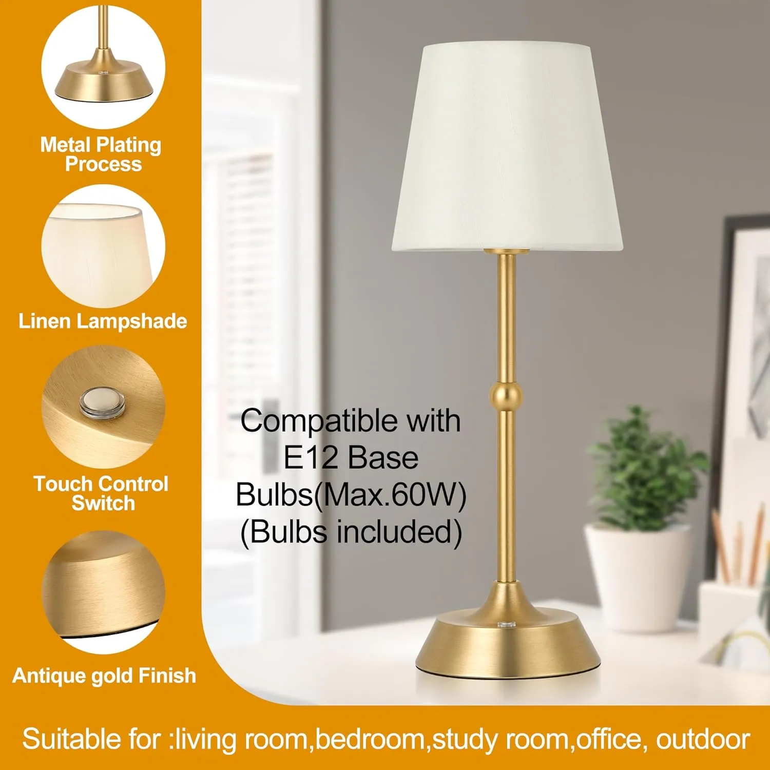 Portable Dimmable Desk Lamp LED Cordless Gold Table Lamp Battery Powered Touch Control Table Lamp for Dining RoomBedroom Bar Camping Balcony.(LED Bulb Included)