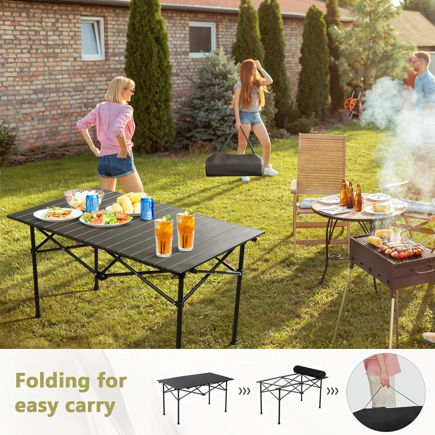 Portable Folding Camping Table, Roll-Up Aluminum Table with Carry Bag, Compact and Lightweight Design for Beach, Travel, and Outdoor Cooking Wood Color 50×53×50cm/19.7×20.9×19.7in