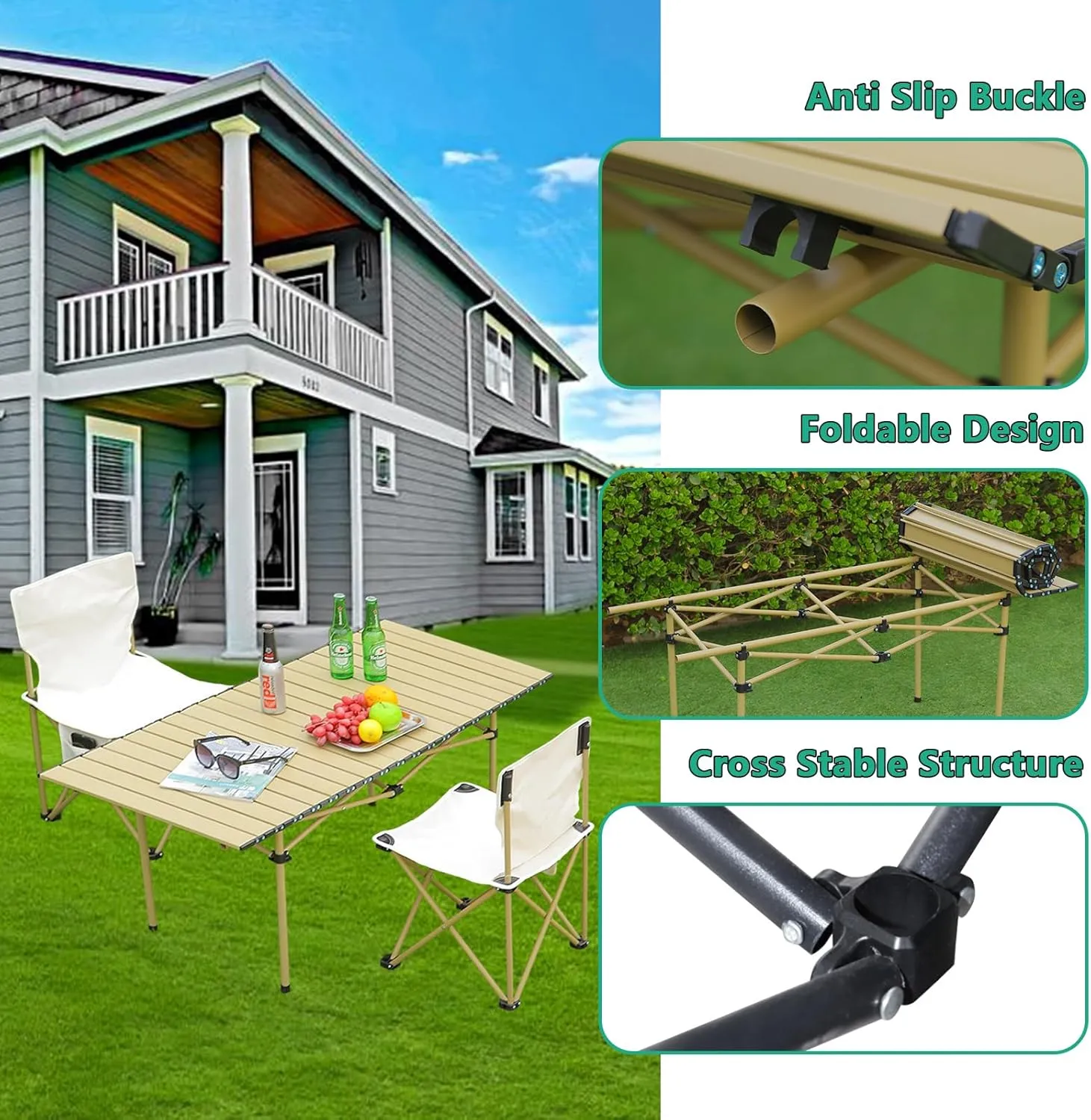 Portable Folding Camping Table, Roll-Up Aluminum Table with Carry Bag, Compact and Lightweight Design for Beach, Travel, and Outdoor Cooking Wood Color 50×53×50cm/19.7×20.9×19.7in