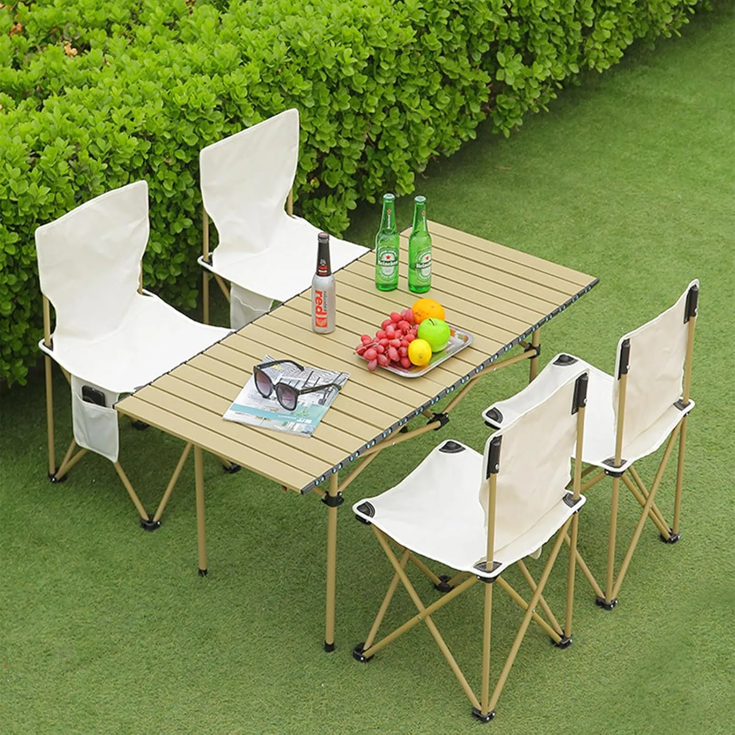 Portable Folding Camping Table, Roll-Up Aluminum Table with Carry Bag, Compact and Lightweight Design for Beach, Travel, and Outdoor Cooking Wood Color 50×53×50cm/19.7×20.9×19.7in