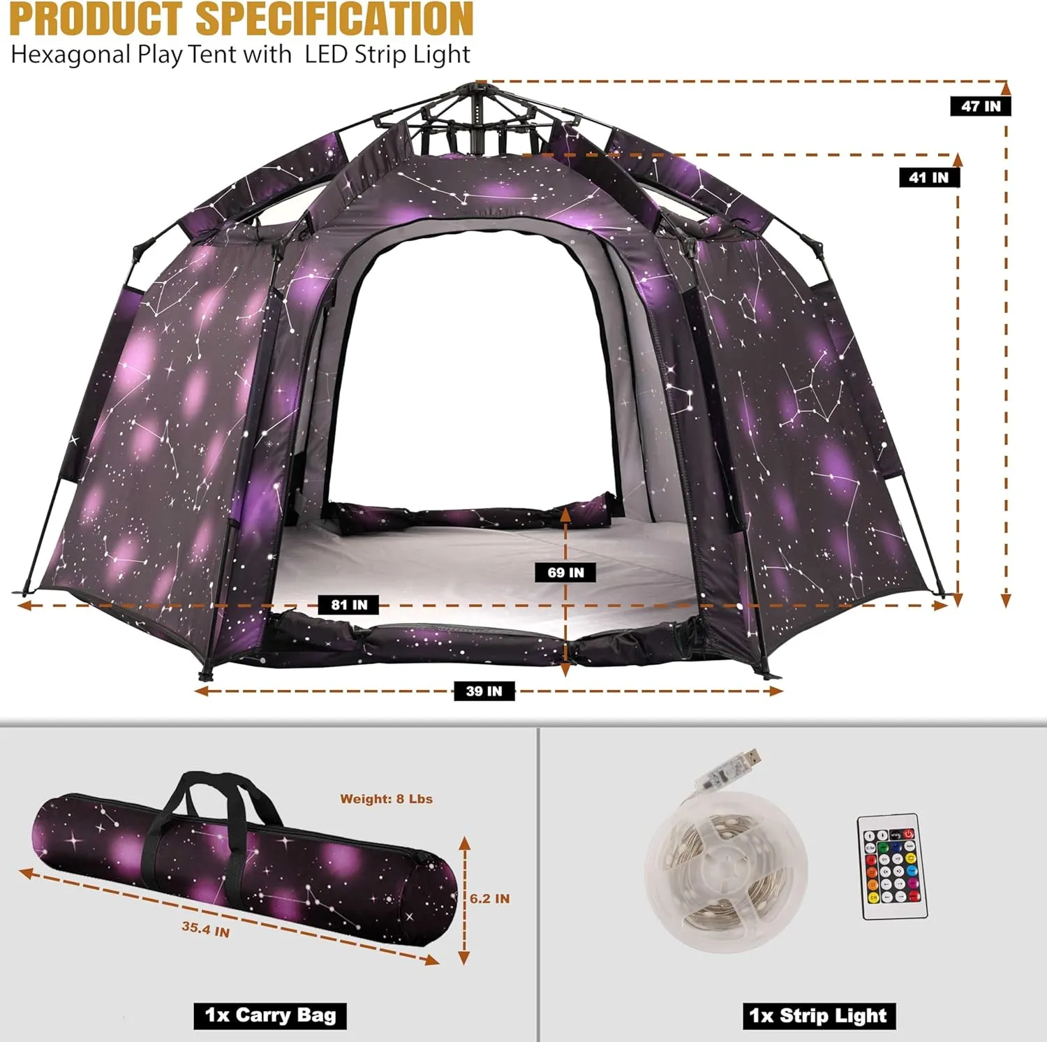 Portable Hexagon Kids Play Tent with LED Strip Lights Indoor Children Play House Easy Set-up Space Dream Tent for Night.4-5 Person Large Tents & Birthday Gifts
