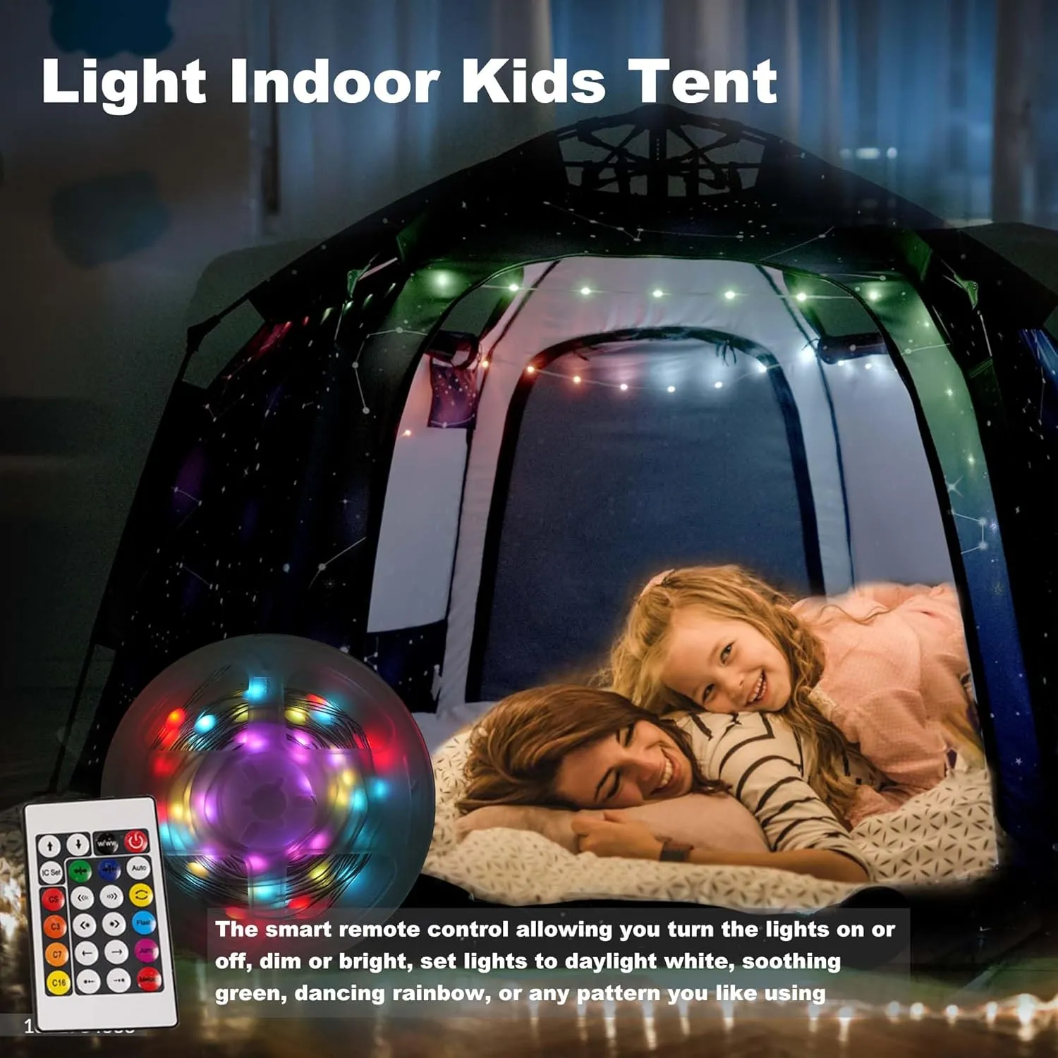 Portable Hexagon Kids Play Tent with LED Strip Lights Indoor Children Play House Easy Set-up Space Dream Tent for Night.4-5 Person Large Tents & Birthday Gifts