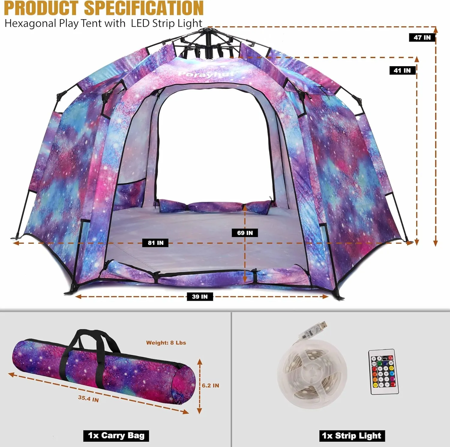 Portable Hexagon Kids Play Tent with LED Strip Lights Indoor Children Play House Easy Set-up Space Tent Dream Tent for Night.4-5 Person Large Tent & Birthday Gifts