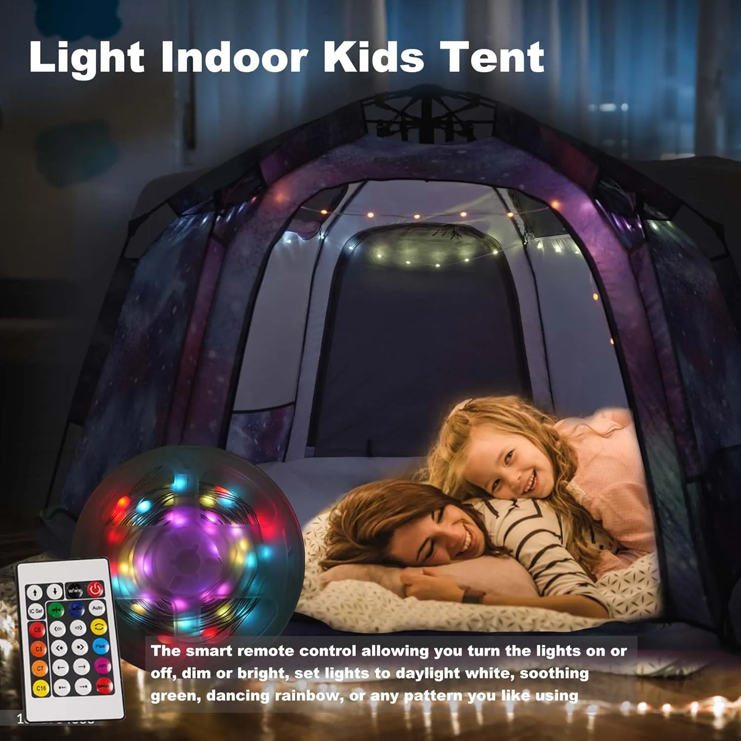 Portable Hexagon Kids Play Tent with LED Strip Lights Indoor Children Play House Easy Set-up Space Tent Dream Tent for Night.4-5 Person Large Tent & Birthday Gifts