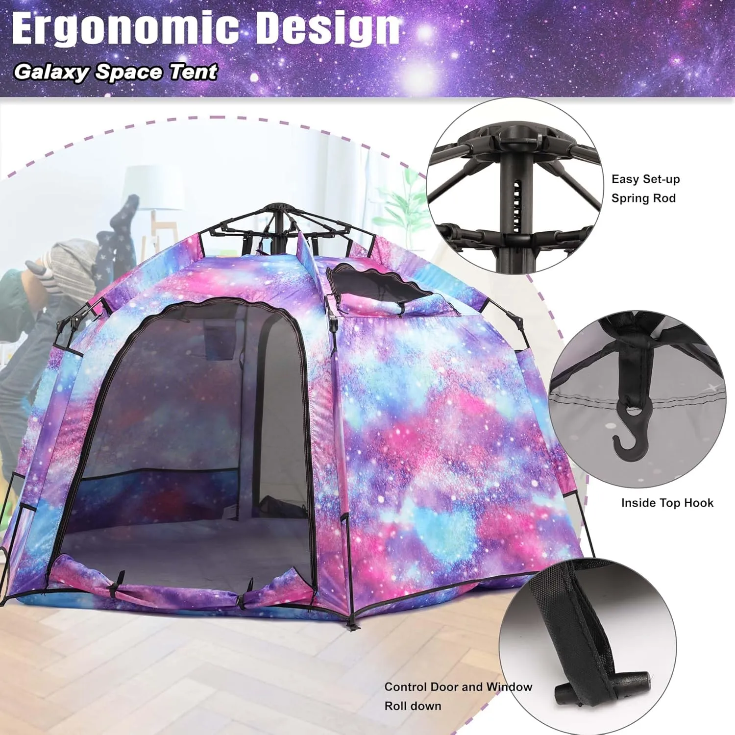 Portable Hexagon Kids Play Tent with LED Strip Lights Indoor Children Play House Easy Set-up Space Tent Dream Tent for Night.4-5 Person Large Tent & Birthday Gifts