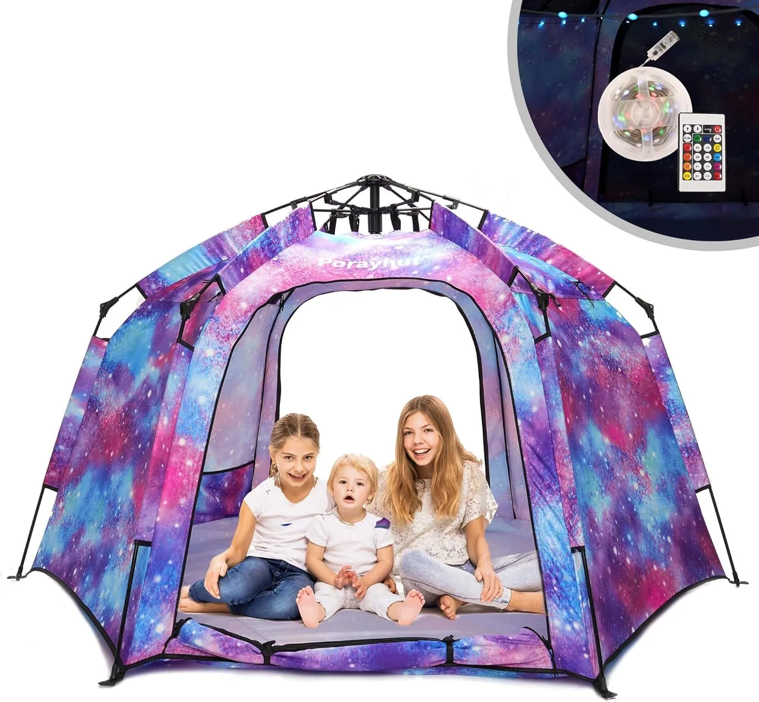 Portable Hexagon Kids Play Tent with LED Strip Lights Indoor Children Play House Easy Set-up Space Tent Dream Tent for Night.4-5 Person Large Tent & Birthday Gifts