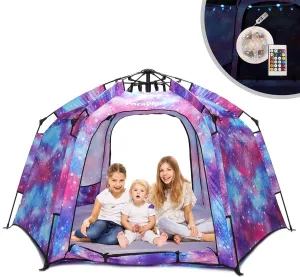 Portable Hexagon Kids Play Tent with LED Strip Lights Indoor Children Play House Easy Set-up Space Tent Dream Tent for Night.4-5 Person Large Tent & Birthday Gifts