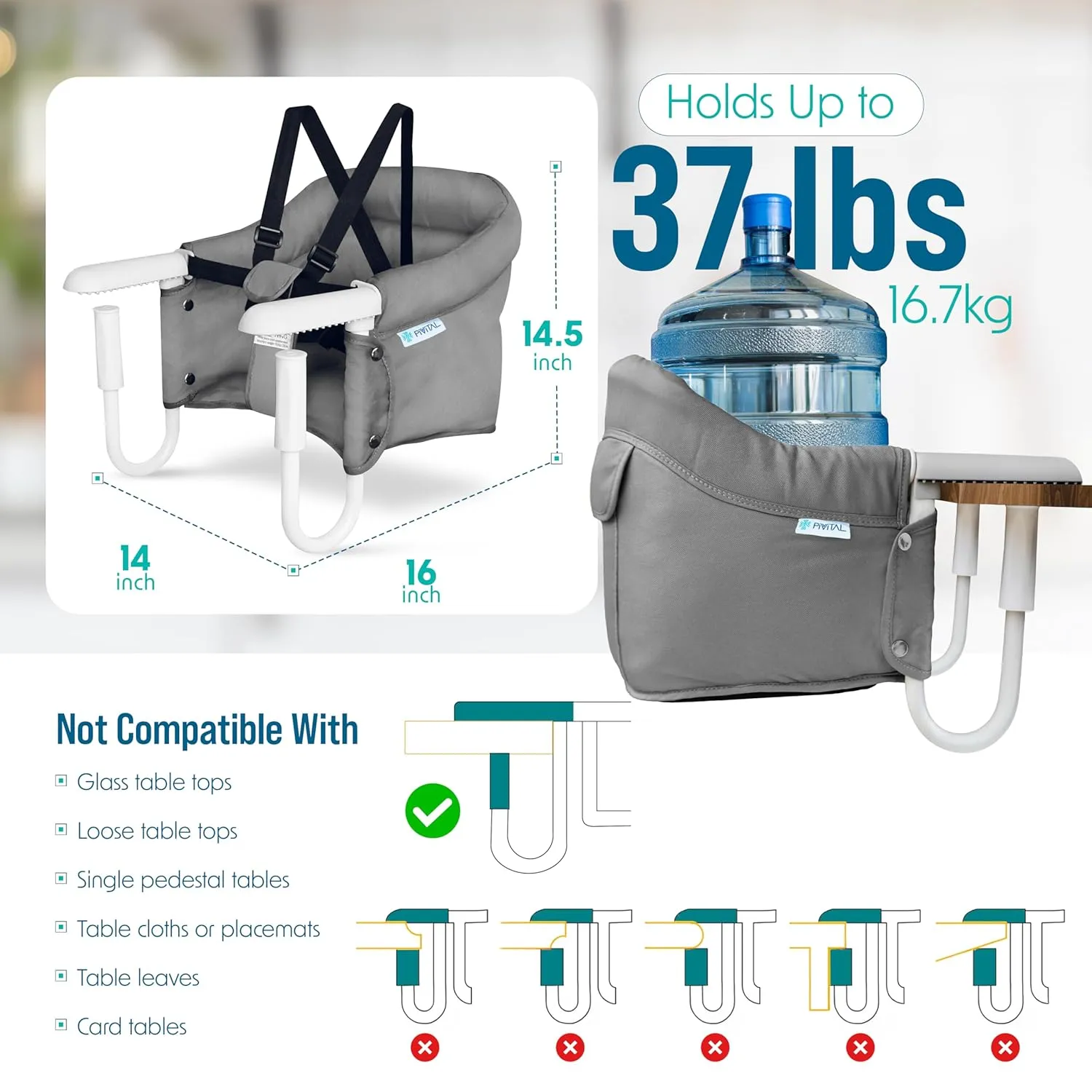 Portable Hook on High Chair for Baby & Travel Toddler from 6-36 Months – Clip on Baby Seat for Table – Fast Table Chair for Travel & Dining– Including Storage Bag - Grey