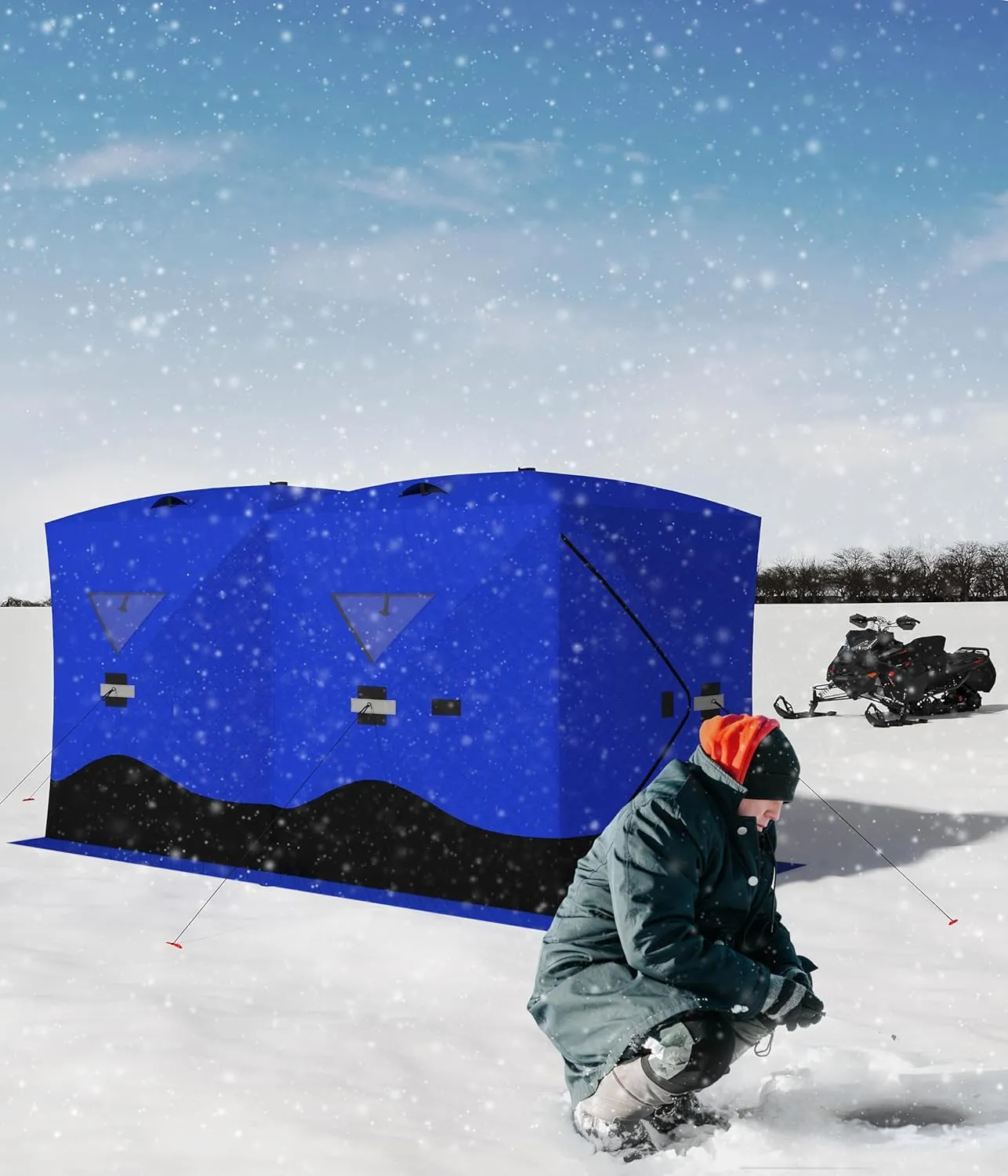 Portable Ice Fishing Shelter - Spacious 3 to 4-Person Pop-Up Ice Fishing Tent - Durable and Weather Resistant Winter Fishing Shelter - Lightweight and Easy to Set Up - Red/Blue