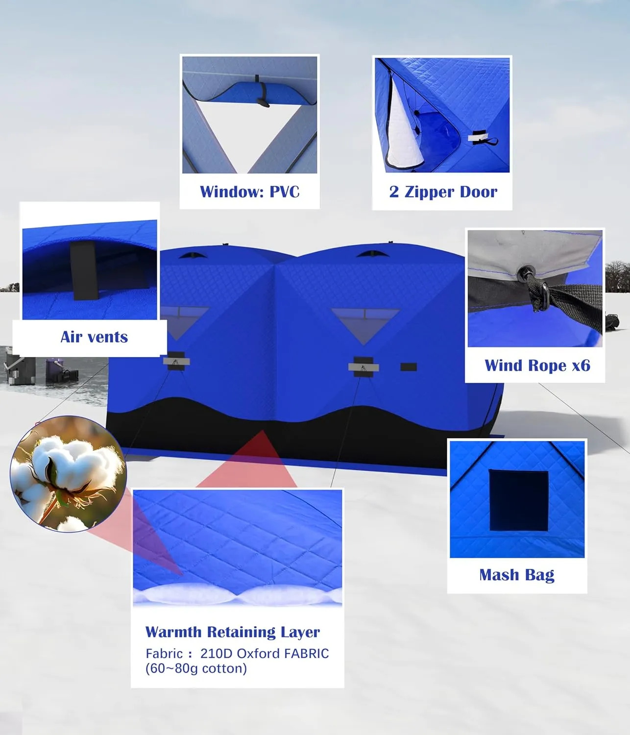 Portable Ice Fishing Shelter - Spacious 3 to 4-Person Pop-Up Ice Fishing Tent - Durable and Weather Resistant Winter Fishing Shelter - Lightweight and Easy to Set Up - Red/Blue