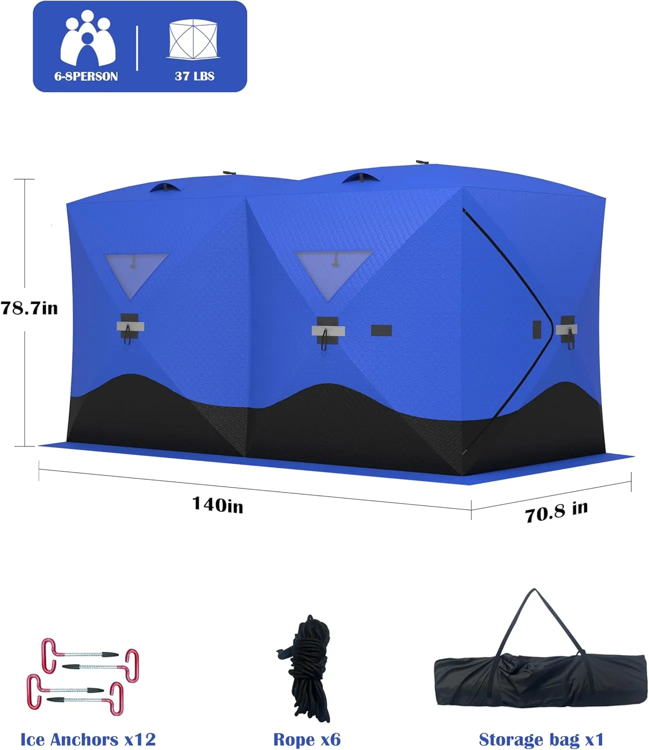 Portable Ice Fishing Shelter - Spacious 3 to 4-Person Pop-Up Ice Fishing Tent - Durable and Weather Resistant Winter Fishing Shelter - Lightweight and Easy to Set Up - Red/Blue