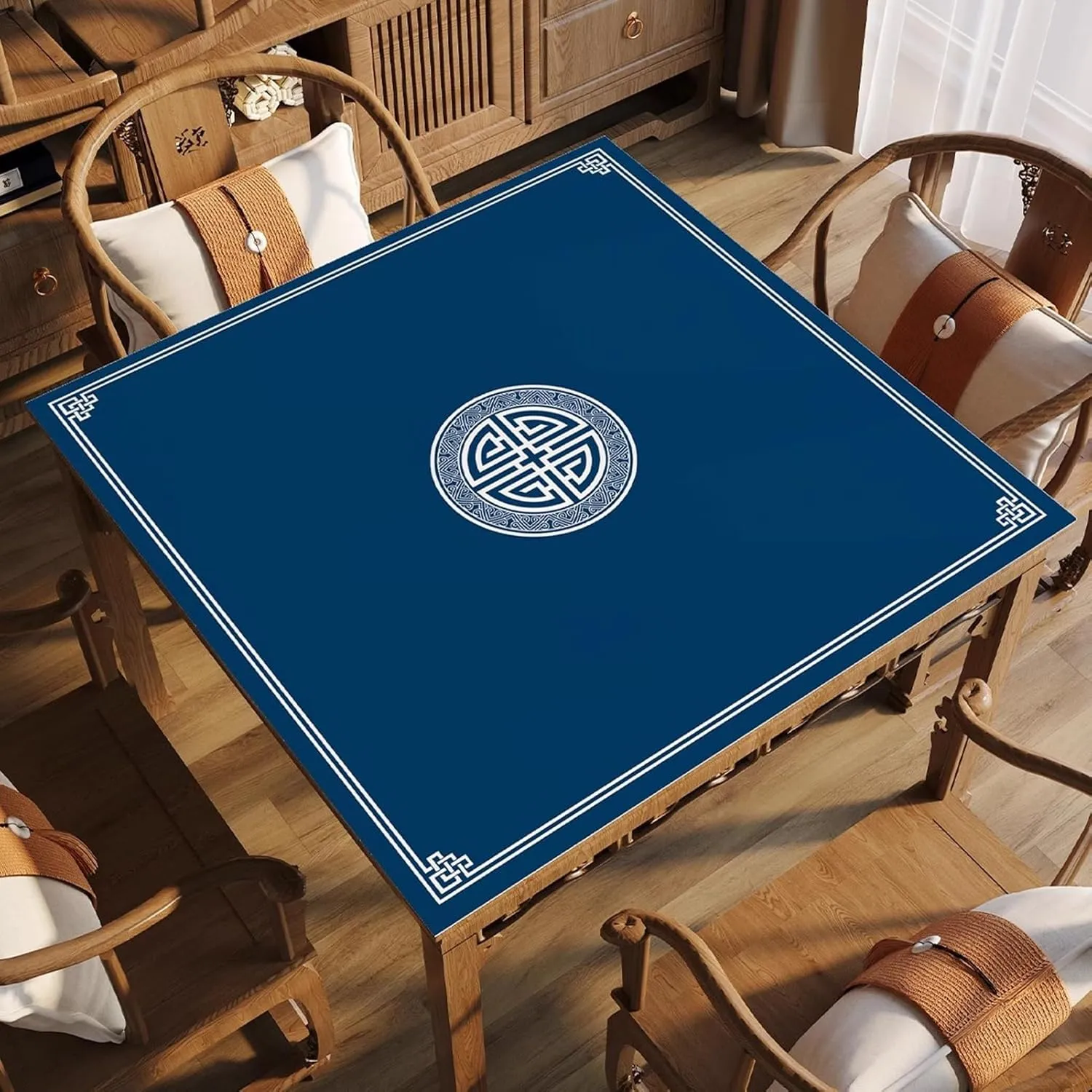 Portable Mahjong Table Mat with Travel Bag and 3 Dice, Anti Slip Noise Reduction Square Table Cover, Thickened Wear Resistant Gaming Mat(Blue,55.12x55.12 in)