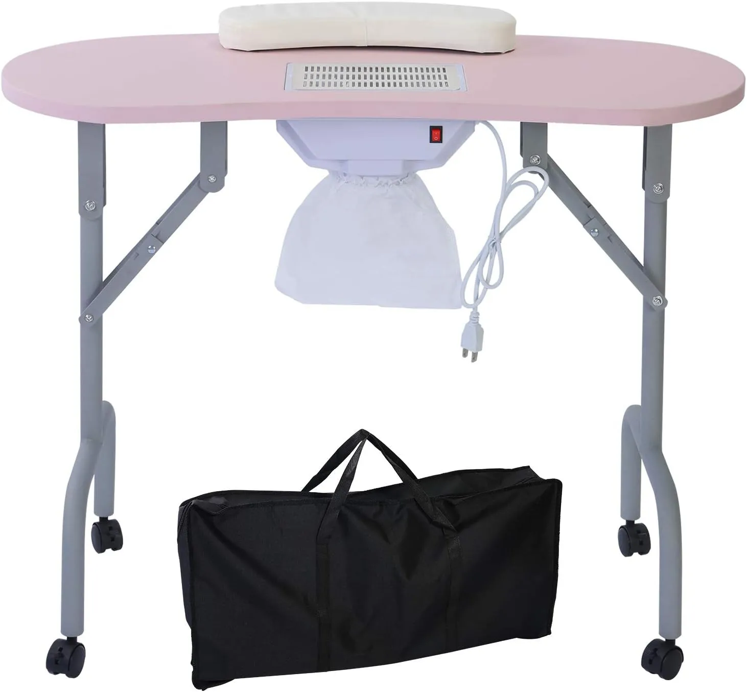 Portable Manicure Table Foldable Nail Desk with Dust Collector Professional Nail Tech Table for Technician Spa Salon Workstation, Client Wrist Pad Carry Bag 4 Lockable Wheels, 36-Inch, Black