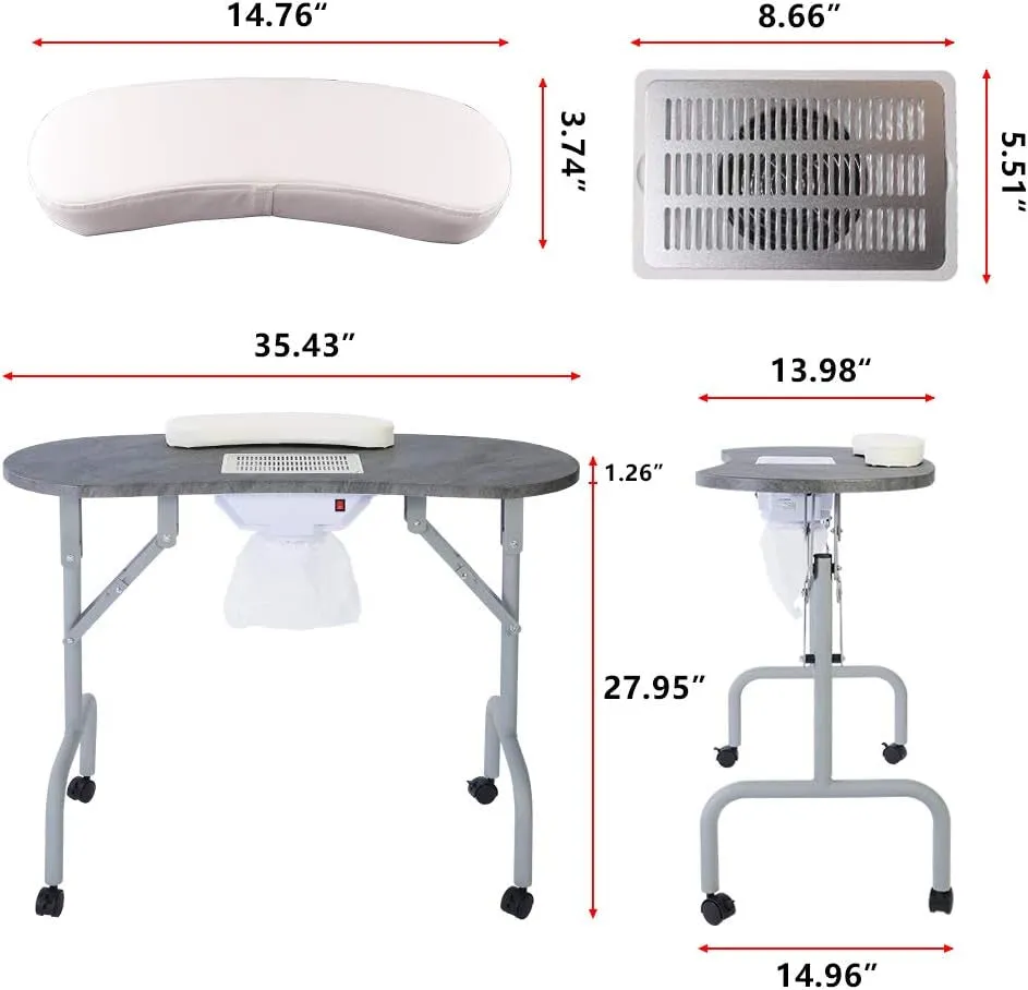 Portable Manicure Table Foldable Nail Desk with Dust Collector Professional Nail Tech Table for Technician Spa Salon Workstation, Client Wrist Pad Carry Bag 4 Lockable Wheels, 36-Inch, Black