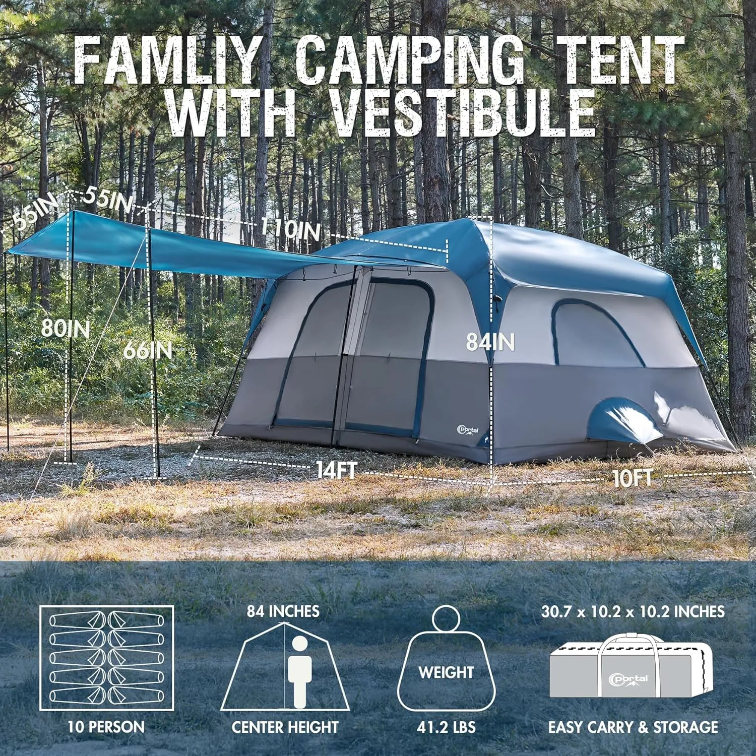 PORTAL 6 | 8 | 10 Person Family Camping Tent with Porch, Big Family Camping Tent with Tall Height, Good Ventilation, Water Resitant Large Tent for Outdoor Camping, Backyard