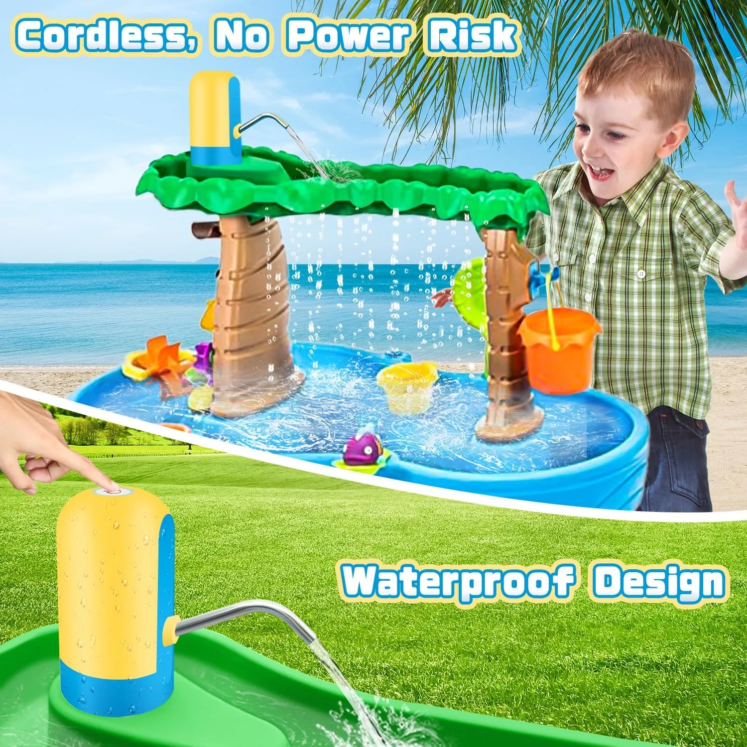 Powerful Water Table Pump, Battery Powered Water Pump for Water Table 3 Hours Non-Stop Fun Portable Summer Outdoor Sand/Water Table Toys Water Play Table Accessories for Toddlers Kids（Yellow）