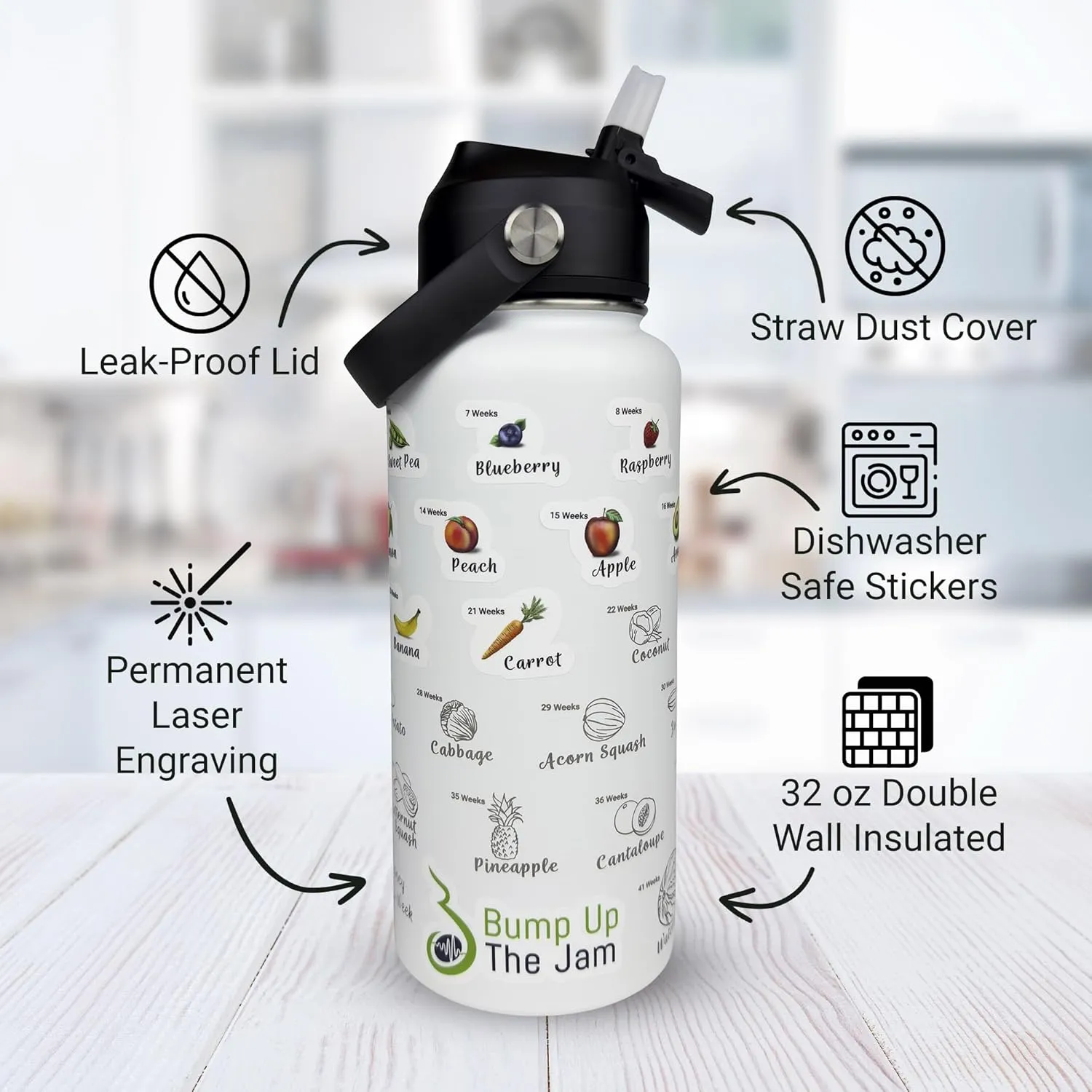 Pregnancy Water Bottle Tracker - 32 ounce Stainless Steel - Includes Weekly Pregnancy Tracker Stickers (Moonlit Blue)