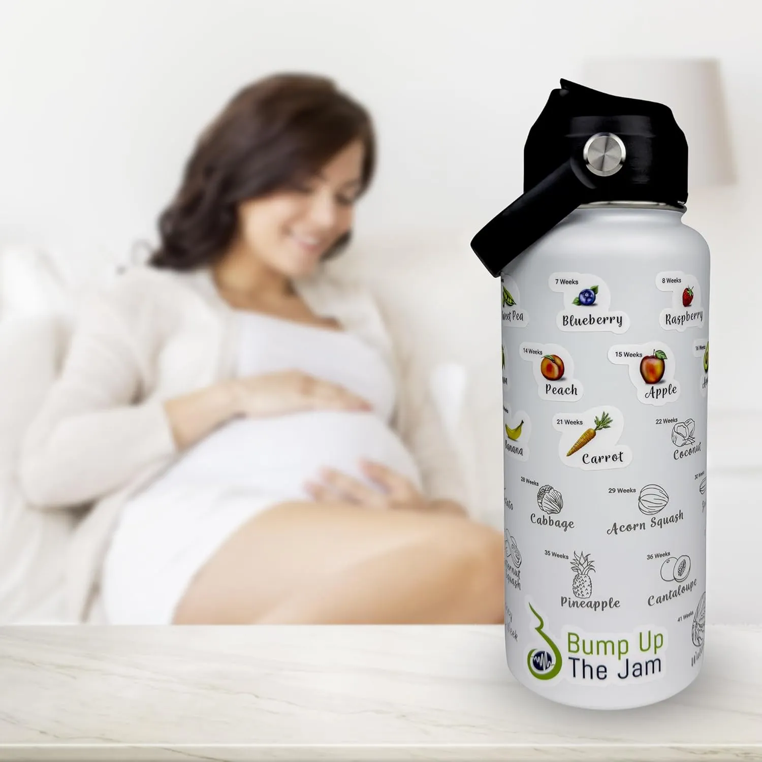 Pregnancy Water Bottle Tracker - 32 ounce Stainless Steel - Includes Weekly Pregnancy Tracker Stickers (Moonlit Blue)