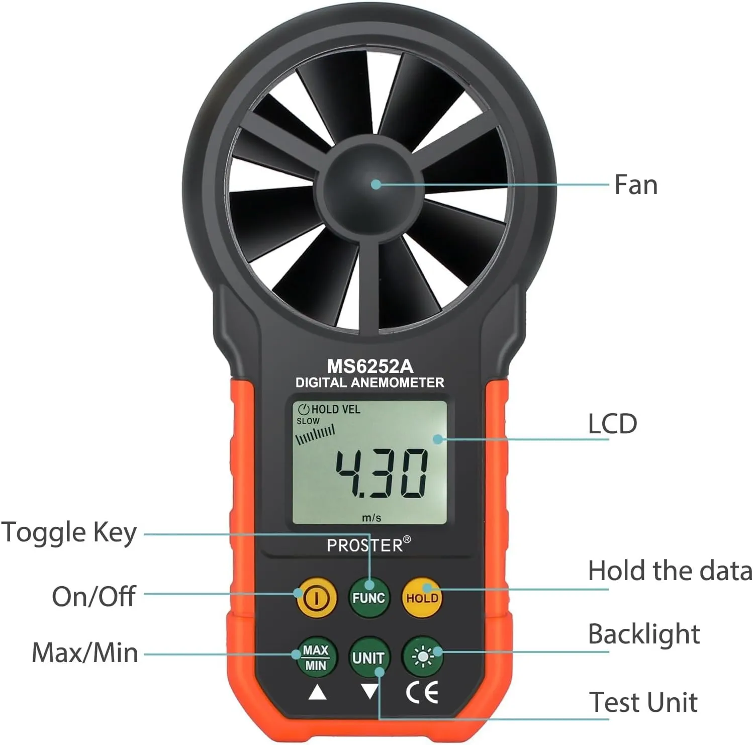 Proster Handheld Digital Anemometer - Portable Wind Speed Meter CFM Meter Wind Gauge Air Volume Measure with LCD Backlight for Outdoors Sailing Surfing Fishing