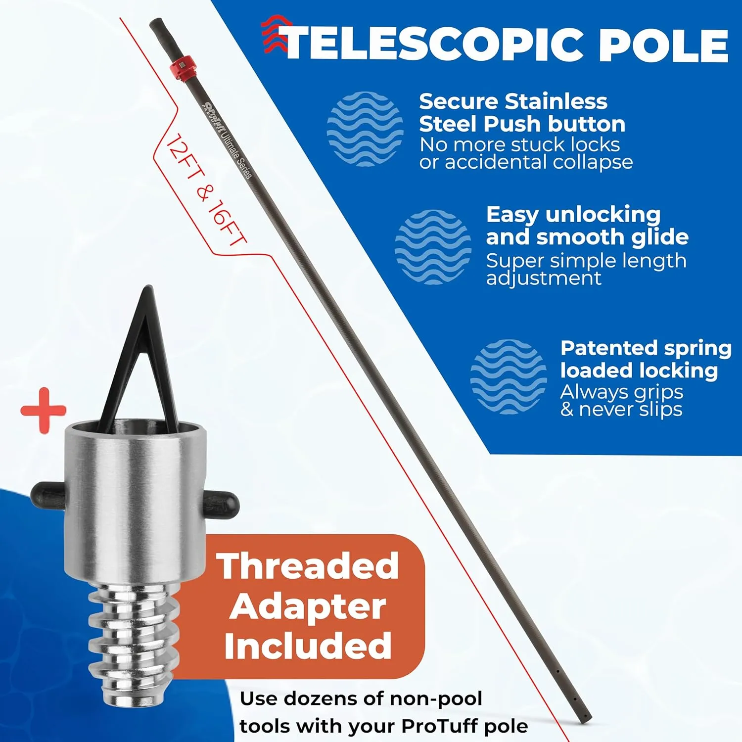 ProTuff 12ft Heavy Duty Telescopic Pool Pole – Unconditional Lifetime Replacement - Instant & Reliable Extension - Universal Fit for Nets, Skimmers, Brushes & Vacuums - Anti-Slip, Comfort Grip