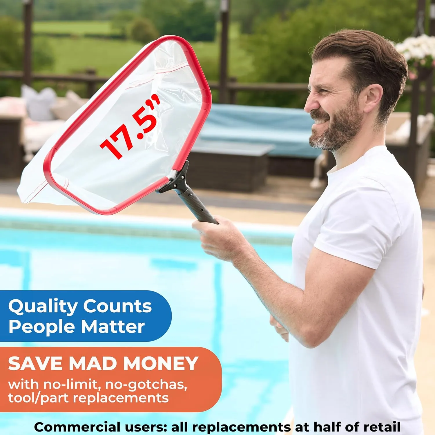 ProTuff 17" SiltNet Pool Skimmer – Comes Ultra-Durable Fine Mesh Net for Silt & Debris – Heavy-Duty Aluminum Frame, Quick-Connect Pole Attachment – Deep Bag for Easy Cleaning